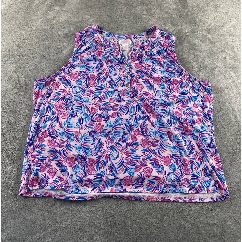 Stella Parker Collection Pink Blue Shell Tropical Henley Sleeveless Top 2X
